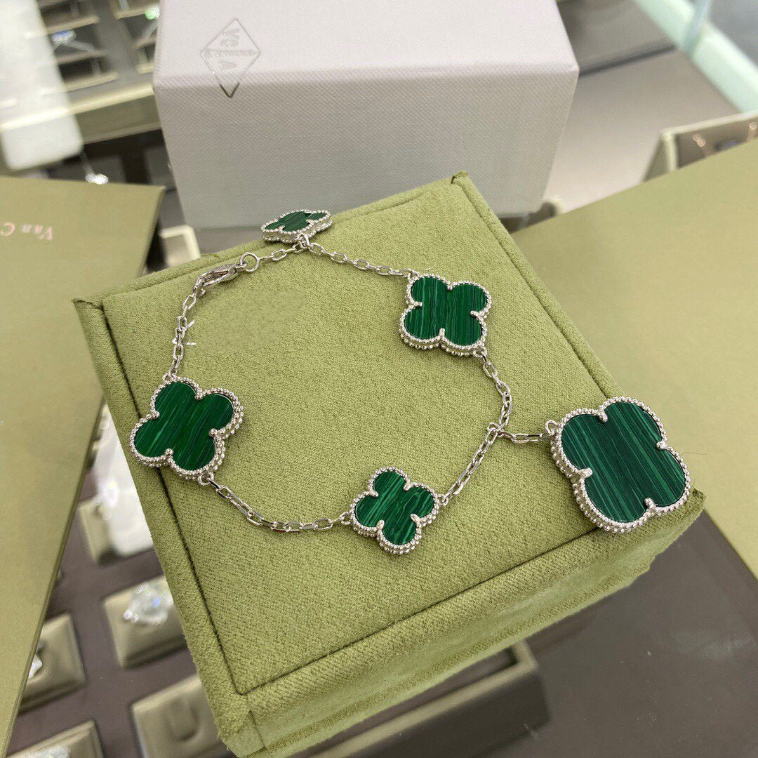 [Mystic]CLOVER 5 MOTIFS SIVLER MALACHITE BRACELET