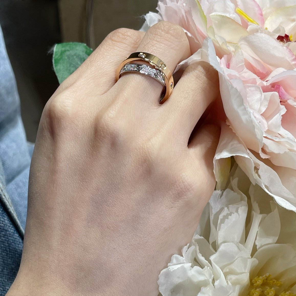[Mystic]LOVE PINK GOLD SILVER DIAMOND DOUBLE RING