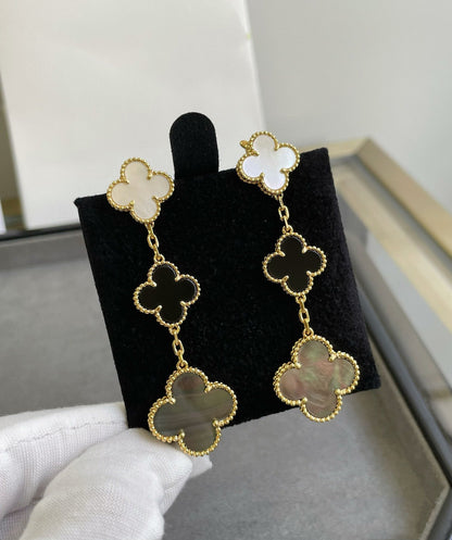 [Mystic]CLOVER 3 MOTIF MOP ONYX DARK MOP PINK GOLD EARRINGS