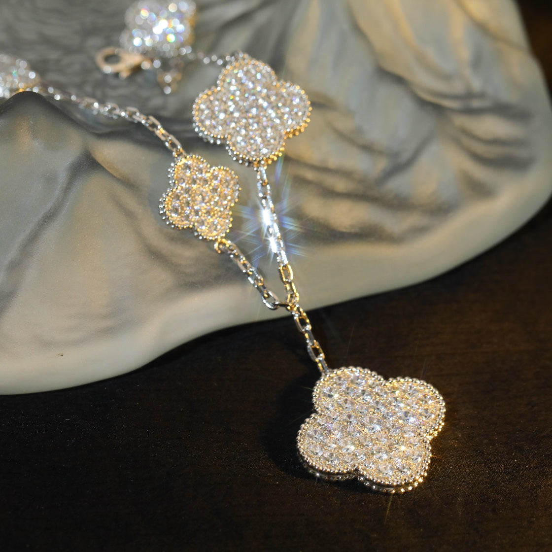 [Mystic]CLOVER BRACELET 5 MOTIF SILVER DIAMOND PAVED-w