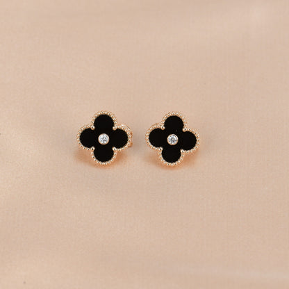[Mystic]CLOVER MEDIUM 1 MOTIFS ONYX DIAMOND EARRINGS